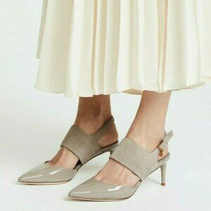 Tory Burch $400 Ashton 65mm Heel Sandals Pumps Grey Suede Patent Leather 9.5